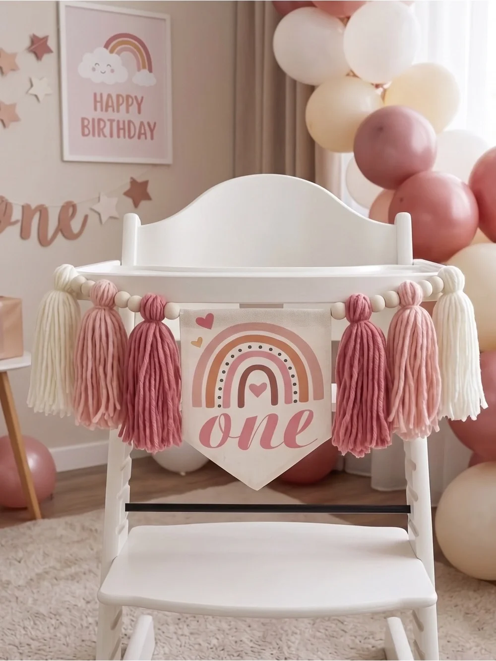 NWT Boho 1st Birthday Decor Pink Rainbow Highchair Banner Photo Prop
